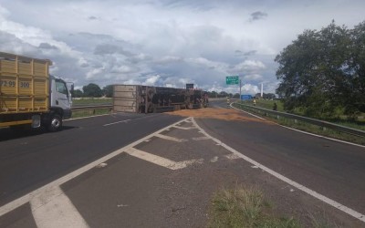 Caminhão com carnes tomba em alça de acesso a rodovia em Araçatuba