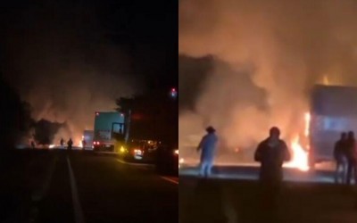 Carreta de celulose pega fogo na MS-377, em Água Clara  