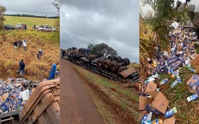 Carreta tomba e carga de alimentos é saqueada na BR-163  
