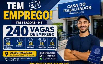 Três Lagoas começa quarta-feira com 240 vagas; motoristas e pedreiros lideram oportunidades