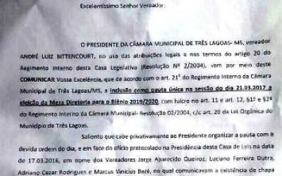Oficio assinado por vereadores pede votação da mesa diretora 2019/2020