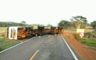Caminhão carregado com eucalipto tomba na BR-262