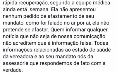Assessora de Sirlene da Saúde acusa imprensa de criar boatos sobre estado clínico da parlamentar