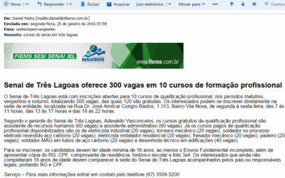 SENAI anuncia vagas que não existiam para Três Lagoas 