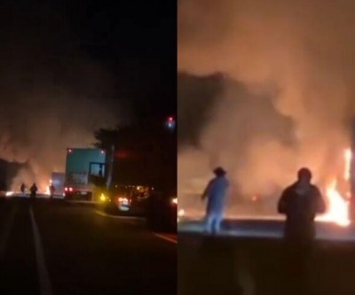Carreta de celulose pega fogo na MS-377, em Água Clara  