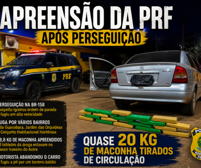 Perseguição policial sai da BR-158, cruza bairros de Três Lagoas e termina com quase 20 kg de maconha apreendidos
