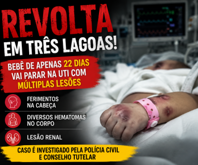Revolta em Três Lagoas: bebê de apenas 22 dias vai parar na UTI com ferimentos na cabeça, hematomas e lesão renal