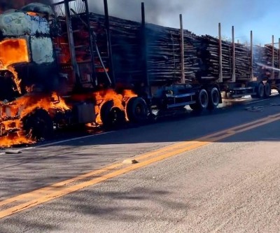 VEJA O VÍDEO: Trânsito é liberado após incêndio em tritrem carregado de eucalipto entre Três Lagoas e Brasilândia