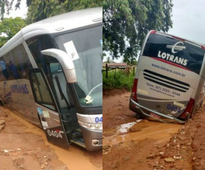 Ônibus com trabalhadores atola em rua de Três Lagoas e quase tomba