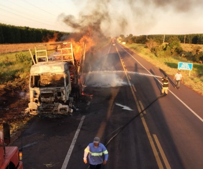 Carreta carregada com eucalipto é destruída pelas chamas na BR-262