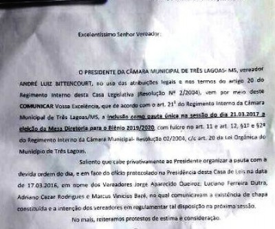 Oficio assinado por vereadores pede votação da mesa diretora 2019/2020
