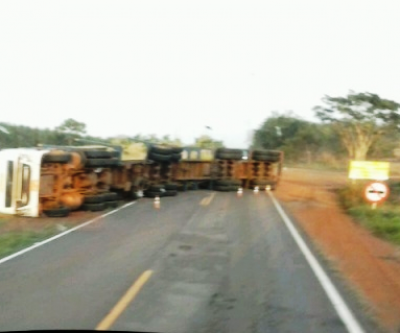 Caminhão carregado com eucalipto tomba na BR-262