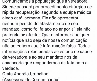 Assessora de Sirlene da Saúde acusa imprensa de criar boatos sobre estado clínico da parlamentar