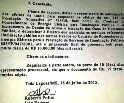 Liminar obriga Elektro a retomar os serviços de manutenção na iluminação pública de Três Lagoas 