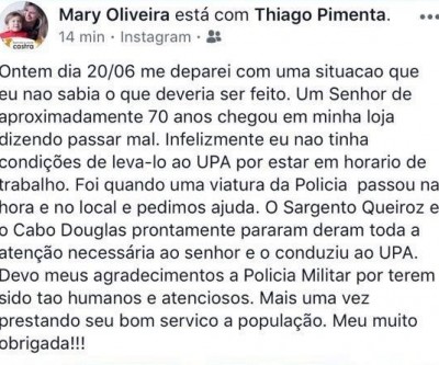 Três-lagoense usa as redes sociais para agradecer a Polícia Militar