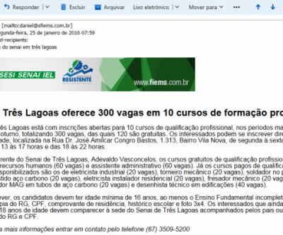 SENAI anuncia vagas que não existiam para Três Lagoas 
