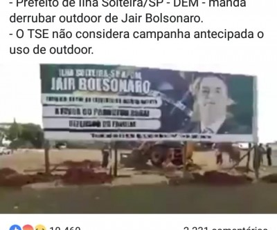 Bolsonaro repercute ação que derrubou outdoor em Ilha Solteira