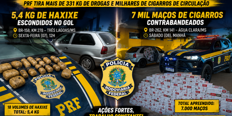 Dois Gols, duas apreensões e muita coisa escondida: PRF pega haxixe em Três Lagoas e 7 mil maços de cigarros na BR-262