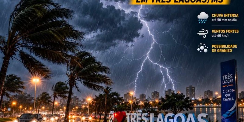 Alerta em Três Lagoas: Ventos podem chegar a 60 km/h e há risco de granizo neste sábado