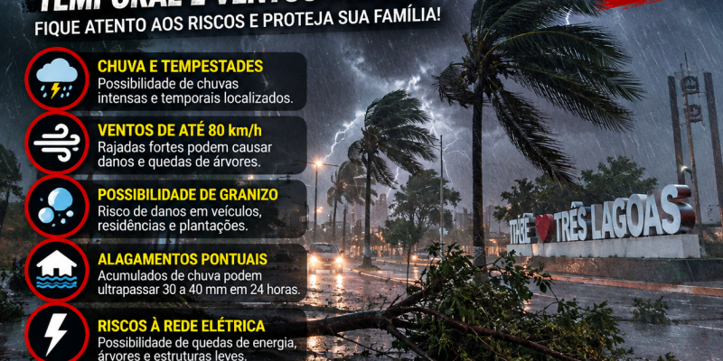 Alerta para esta quarta-feira: Tempestades podem trazer granizo e ventos de até 80 km/h para Três Lagoas