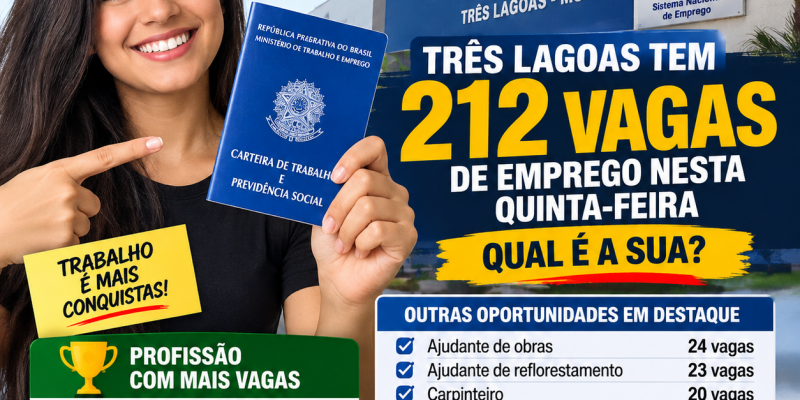 Procurando emprego? Casa do Trabalhador tem 212 vagas nesta quinta em Três Lagoas; veja qual profissão lidera