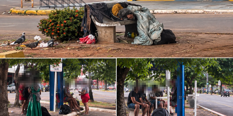   Andarilhos mudam de local e agora passam a ocupar ponto de ônibus e bancos na frente do “Mercadão” de Três Lagoas causando medo na região