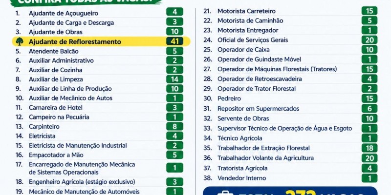 Ajudante de Reflorestamento é o destaque das 272 vagas de trabalho para Três Lagoas nesta quarta-feira 