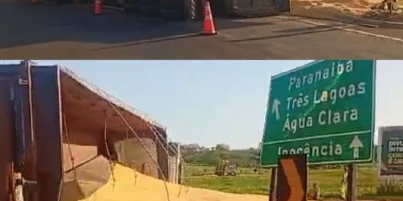 Mais um acidente: Carreta carregada de milho tomba em rotatória entre Três Lagoas e Inocência, trecho que já foi palco de vários acidentes
