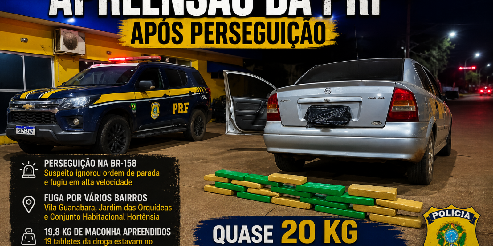 Perseguição policial sai da BR-158, cruza bairros de Três Lagoas e termina com quase 20 kg de maconha apreendidos