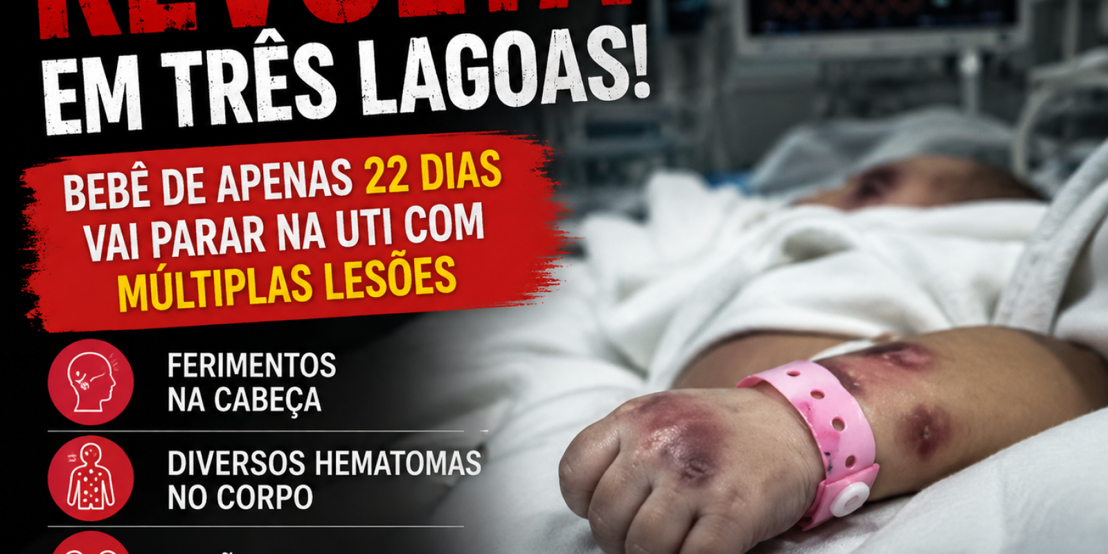 Revolta em Três Lagoas: bebê de apenas 22 dias vai parar na UTI com ferimentos na cabeça, hematomas e lesão renal
