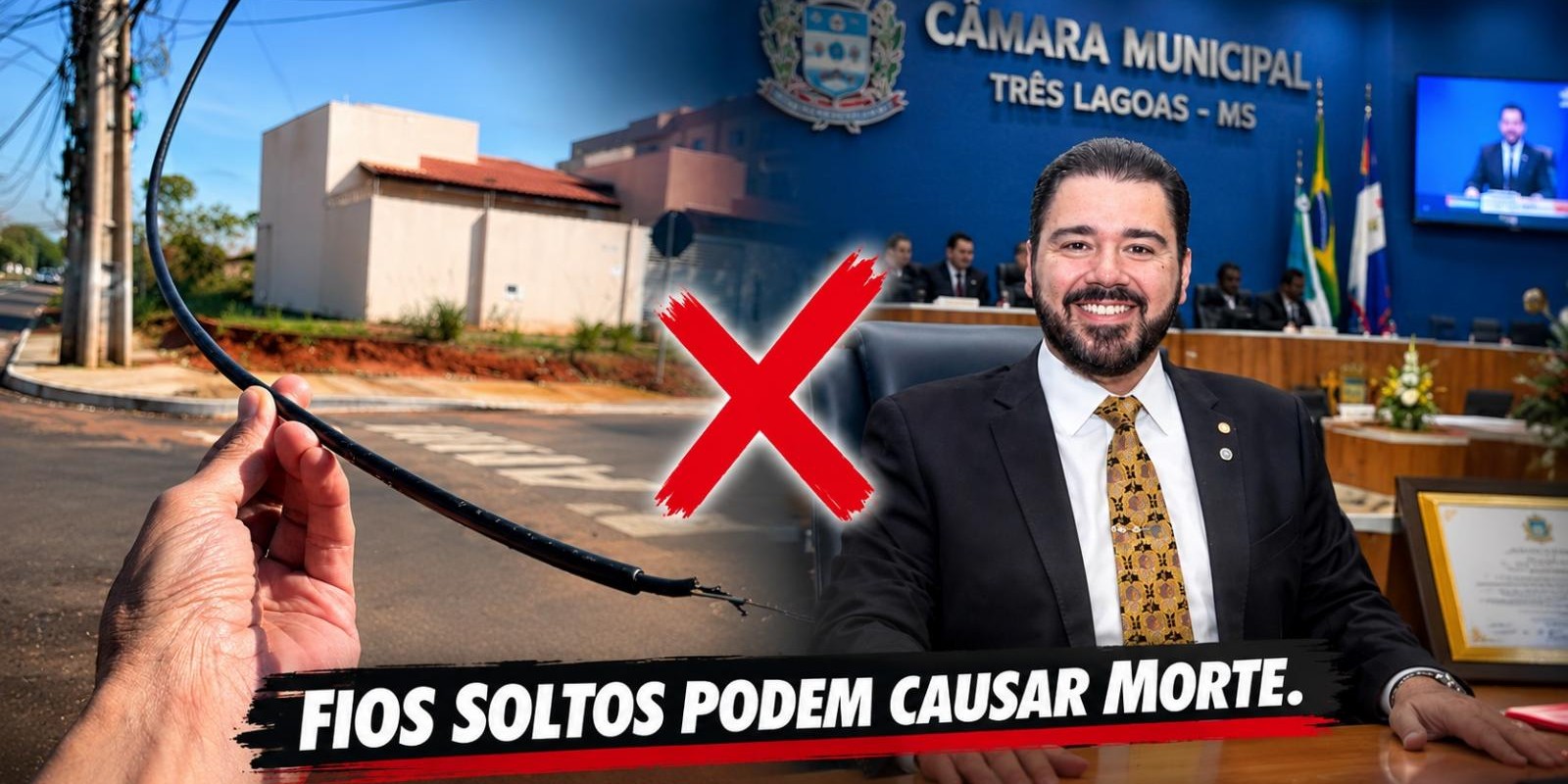 Enquanto os vereadores de Três Lagoas se preocupam em fazer homenagens, fios soltos nas ruas continuam causando risco de morte e nada é feito