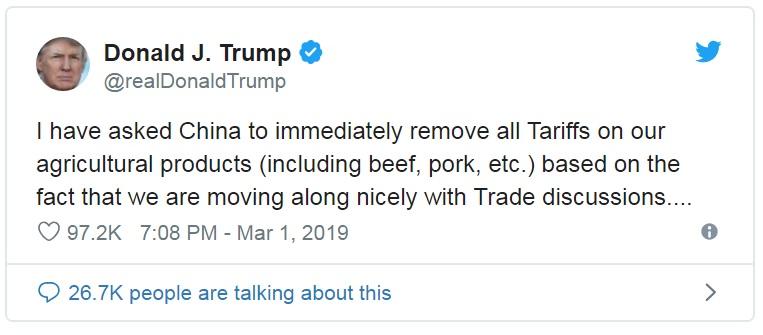 Trump pede à China que elimine tarifas sobre produtos agrícolas