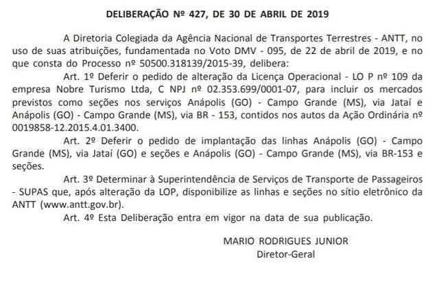 ANTT autoriza linha de ônibus de Anápolis (GO) a Campo Grande (MS), passando por Três Lagoas (MS)