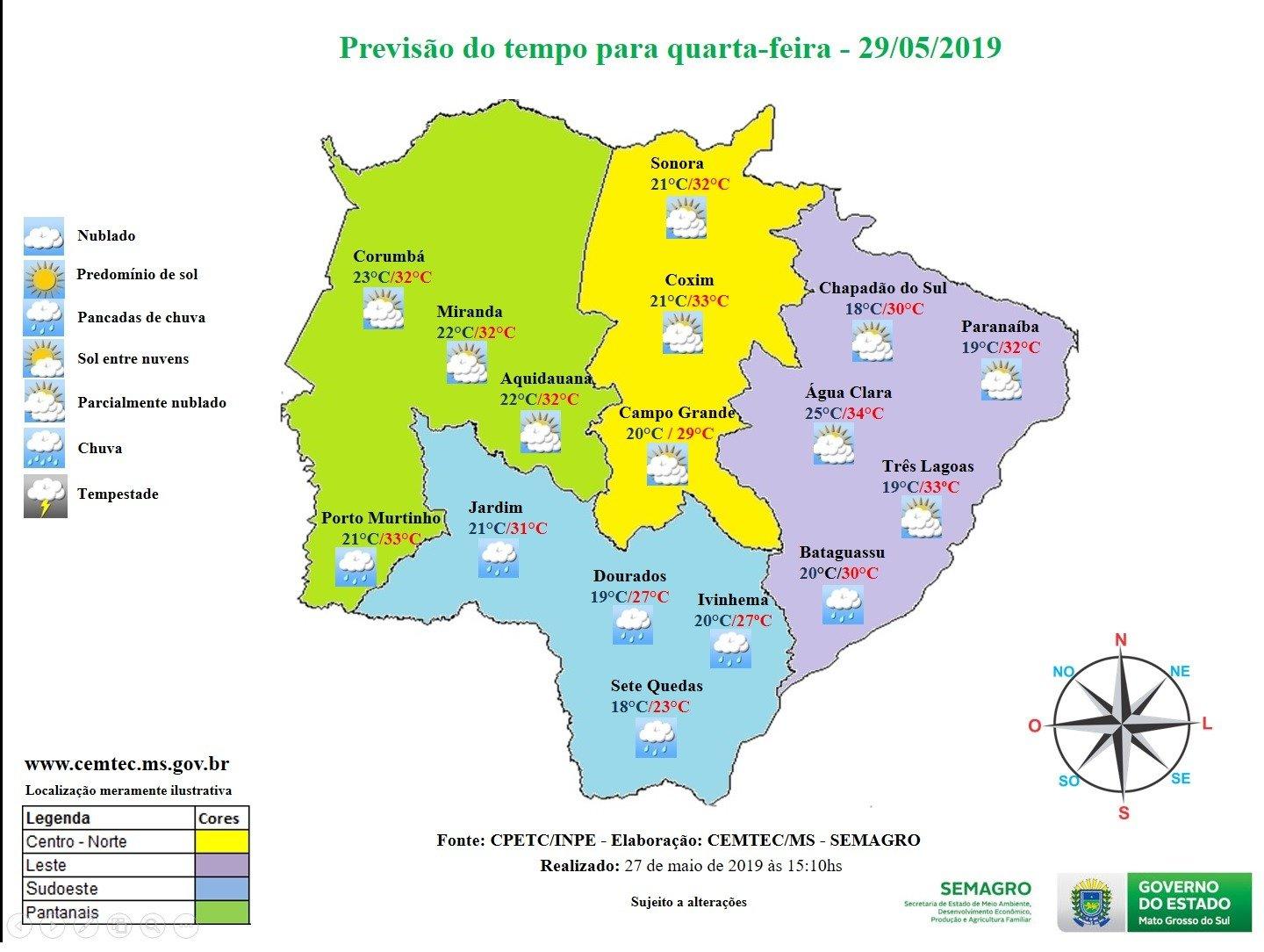 Confira a previsão do tempo em Três Lagoas (MS) e região hoje (29)