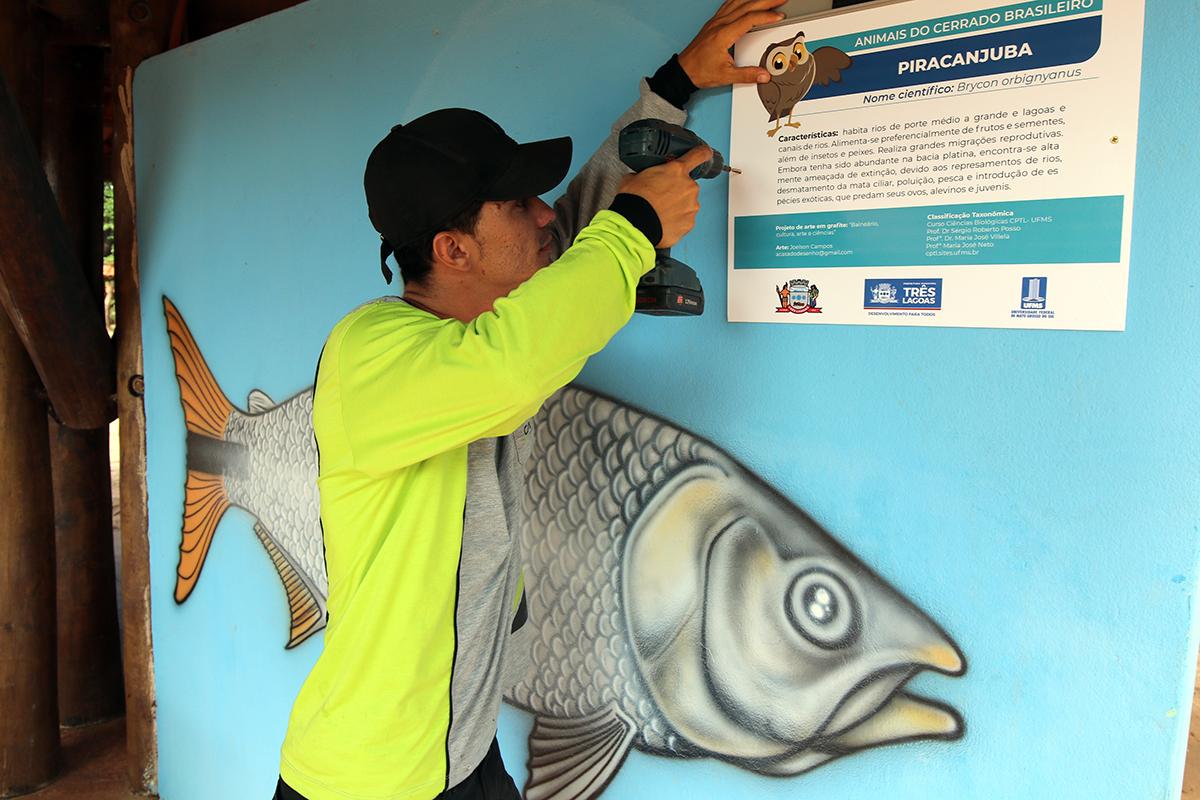 Desenho de animais grafitados em quiosques ganham placas de identificação no balneário 
