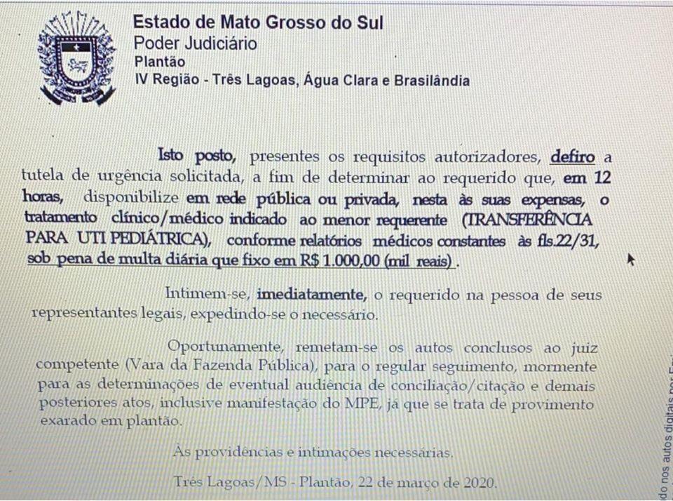 Liminar obriga transferência de criança de 3 anos que estava com suspeita de coronavírus 