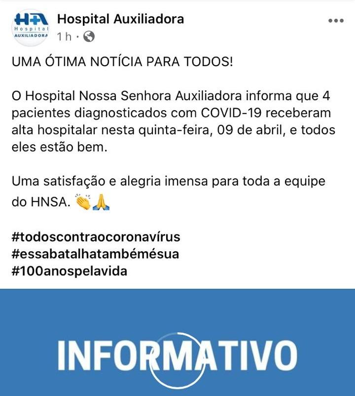 Quatro pacientes diagnosticados com a Covid-19 recebem alta do Hospital Auxiliadora