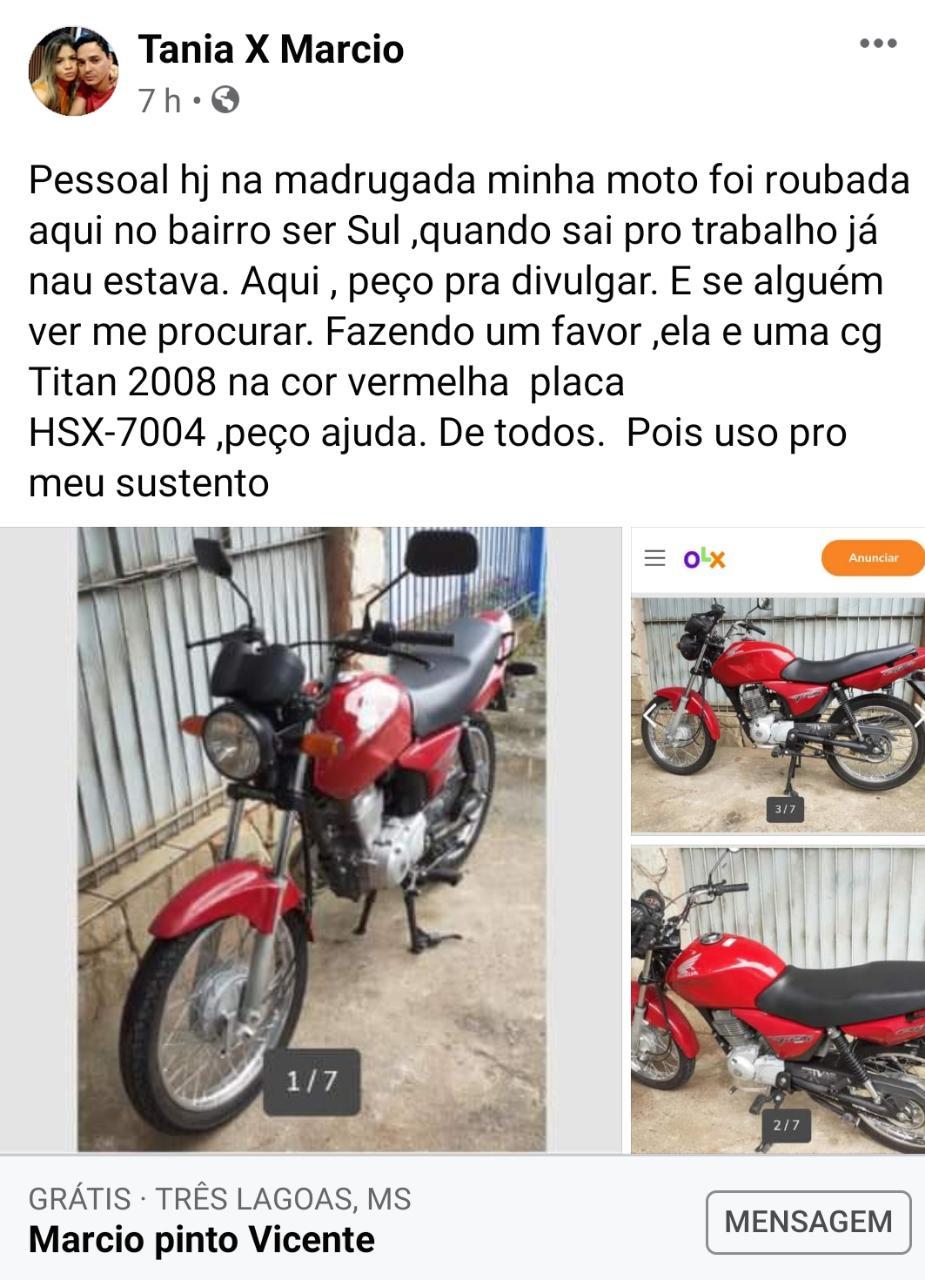 Casal usa rede social para tentar recuperar moto furtada em Três Lagoas 