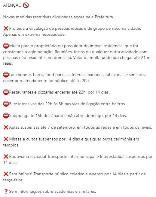 Notícia Falsa: Prefeitura não anunciou novas medidas restritivas para os próximos 14 dias em relação ao Coronavírus