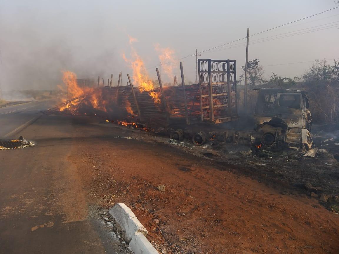 Após acidente, carreta carregada com eucalipto pega fogo e interdita a BR-262