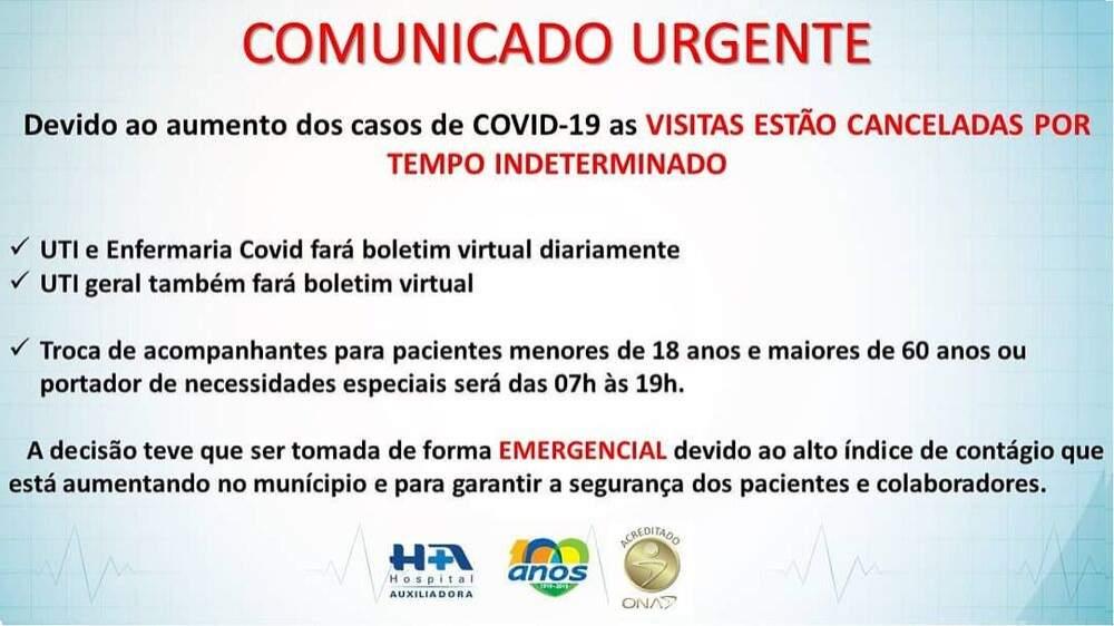 Com o aumento dos casos de Covid em Três Lagoas, hospital suspende visitas por tempo indeterminado Com o aumento dos casos de Covid em Três Lagoas, hospital suspende visitas por tempo indeterminado