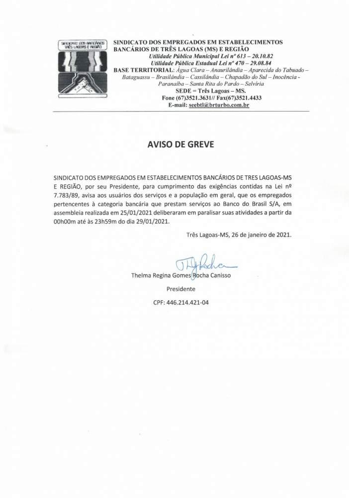 Aviso de Greve: Sindicato emite nota e bancários paralisam atividades na sexta-feira em Três Lagoas