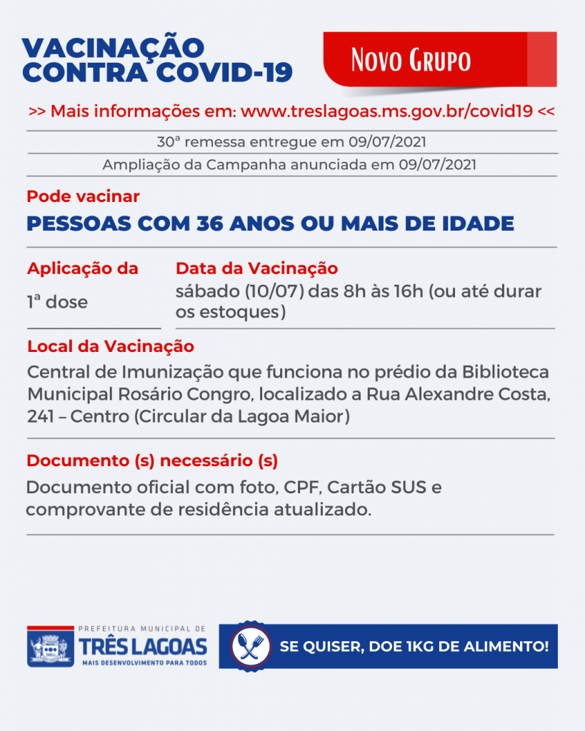COVID-19 – SMS vacina pessoas com 36 anos ou mais neste sábado (10), saiba onde