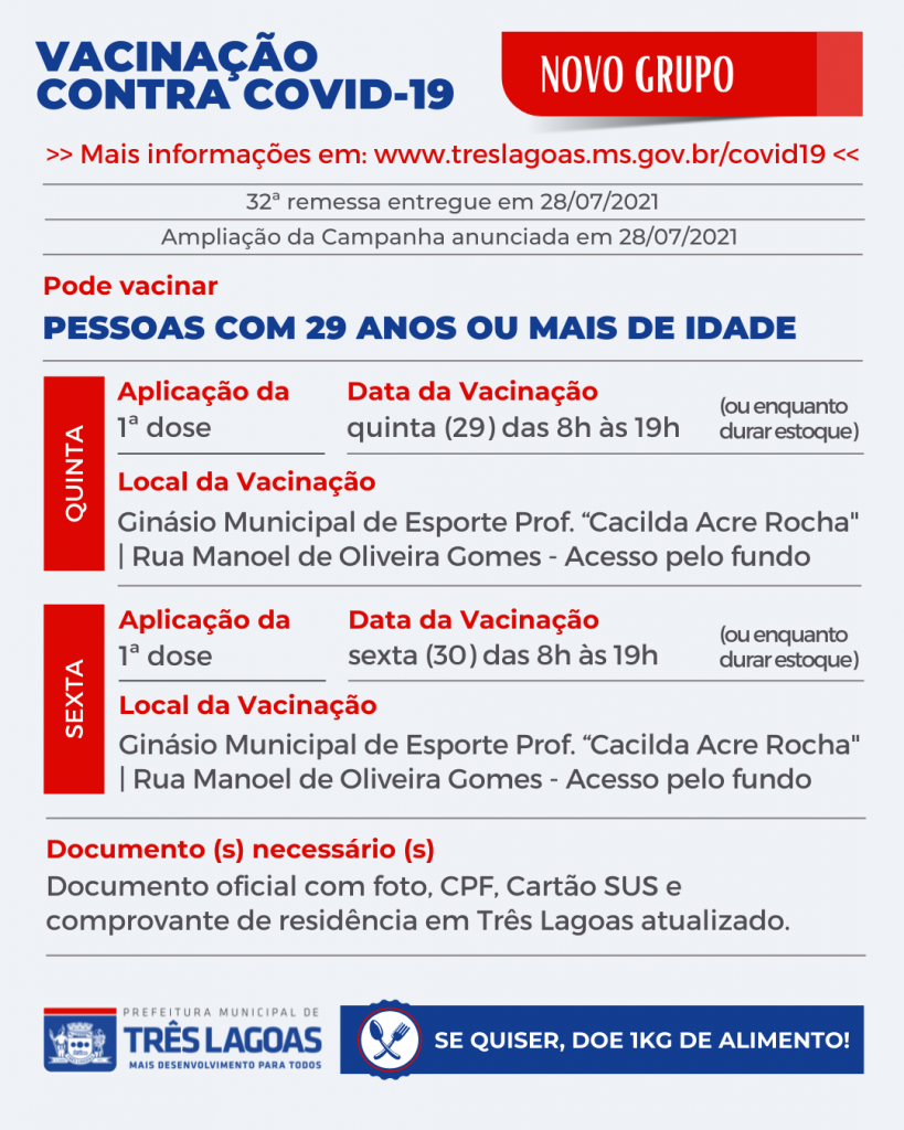 Devido ao frio, SMS vai vacinar pessoas com 29 anos ou mais contra Covid-19 Devido ao frio, SMS vai vacinar pessoas com 29 anos ou mais contra Covid-19