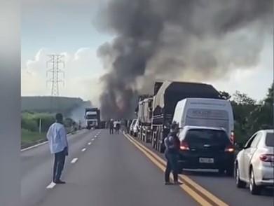 Carreta carregada com toras de eucalipto pega fogo na BR-262 