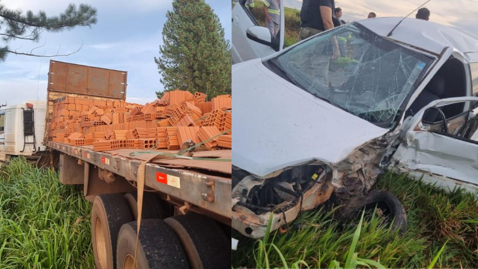 Mulher fica ferida em acidente entre carro e caminhão de tijolos na BR-376 em Ivinhema