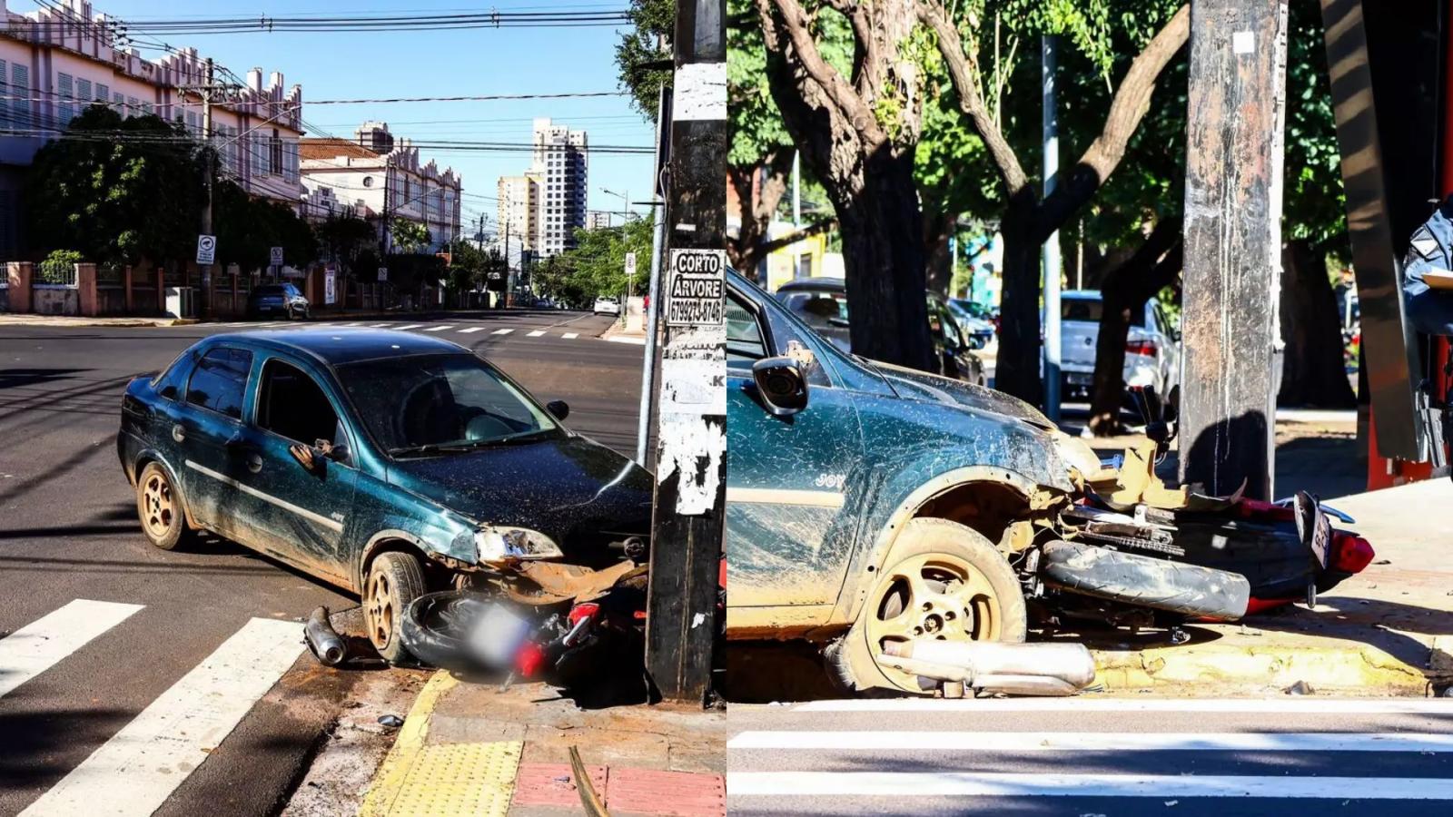 Rapaz se salva após moto ser arrastada e destruída por carro desgovernado no Centro Rapaz se salva após moto ser arrastada e destruída por carro desgovernado no Centro