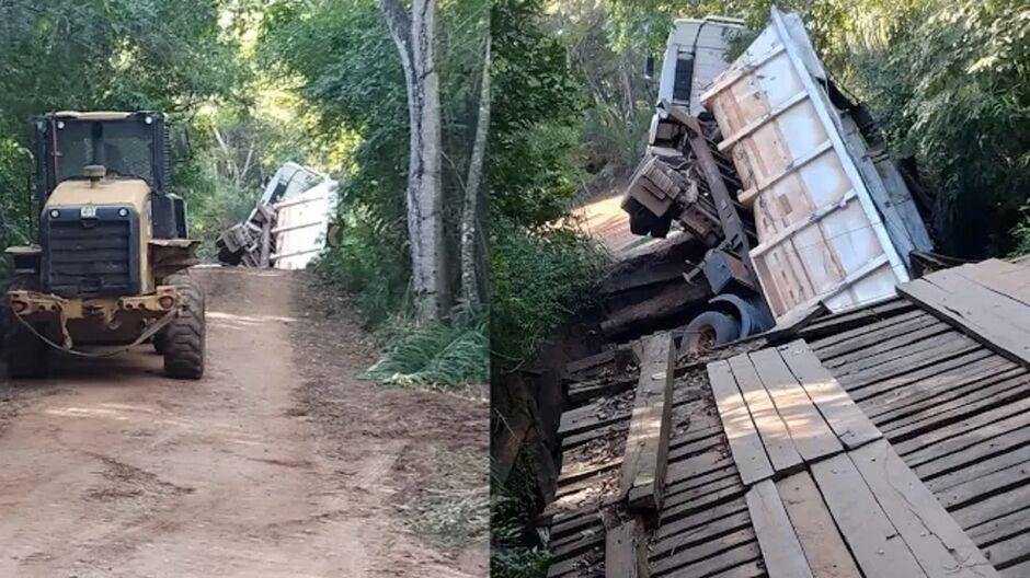 Ponte desaba, Ponte desaba, 'engole' caminhão e motorista machuca coluna em Bonito