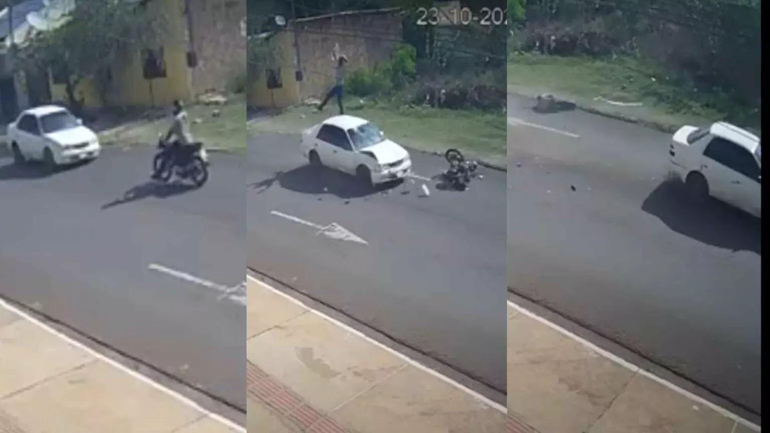 Motociclista é arremessado após ser atingido por carro que invade contramão e foge em MS