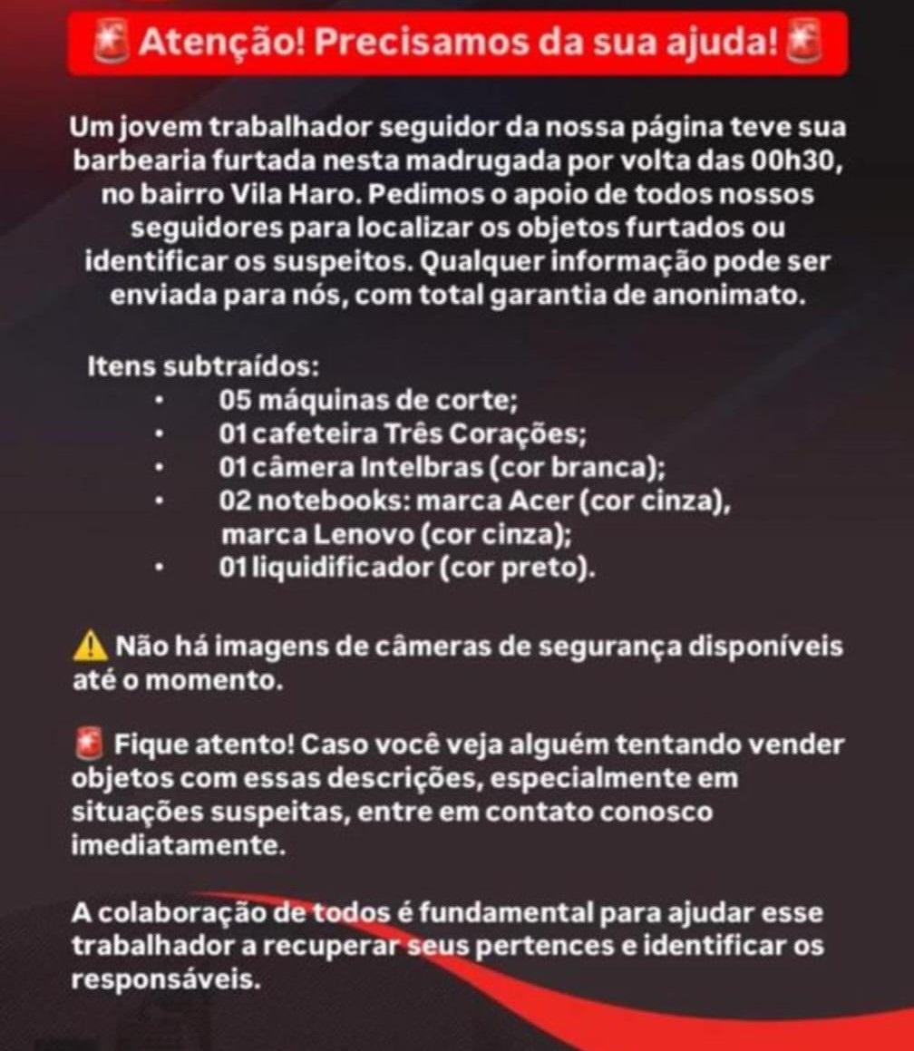 Dono de barbearia que foi furtada pede ajuda aos três-lagoenses para localizar três ladrões Dono de barbearia que foi furtada pede ajuda aos três-lagoenses para localizar três ladrões